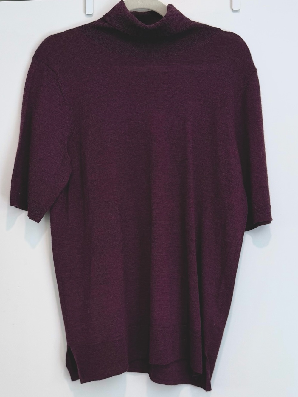 Tahari Short-Sleeve Turtleneck Sweater in Deep Plum Extra Fine Merino Wool